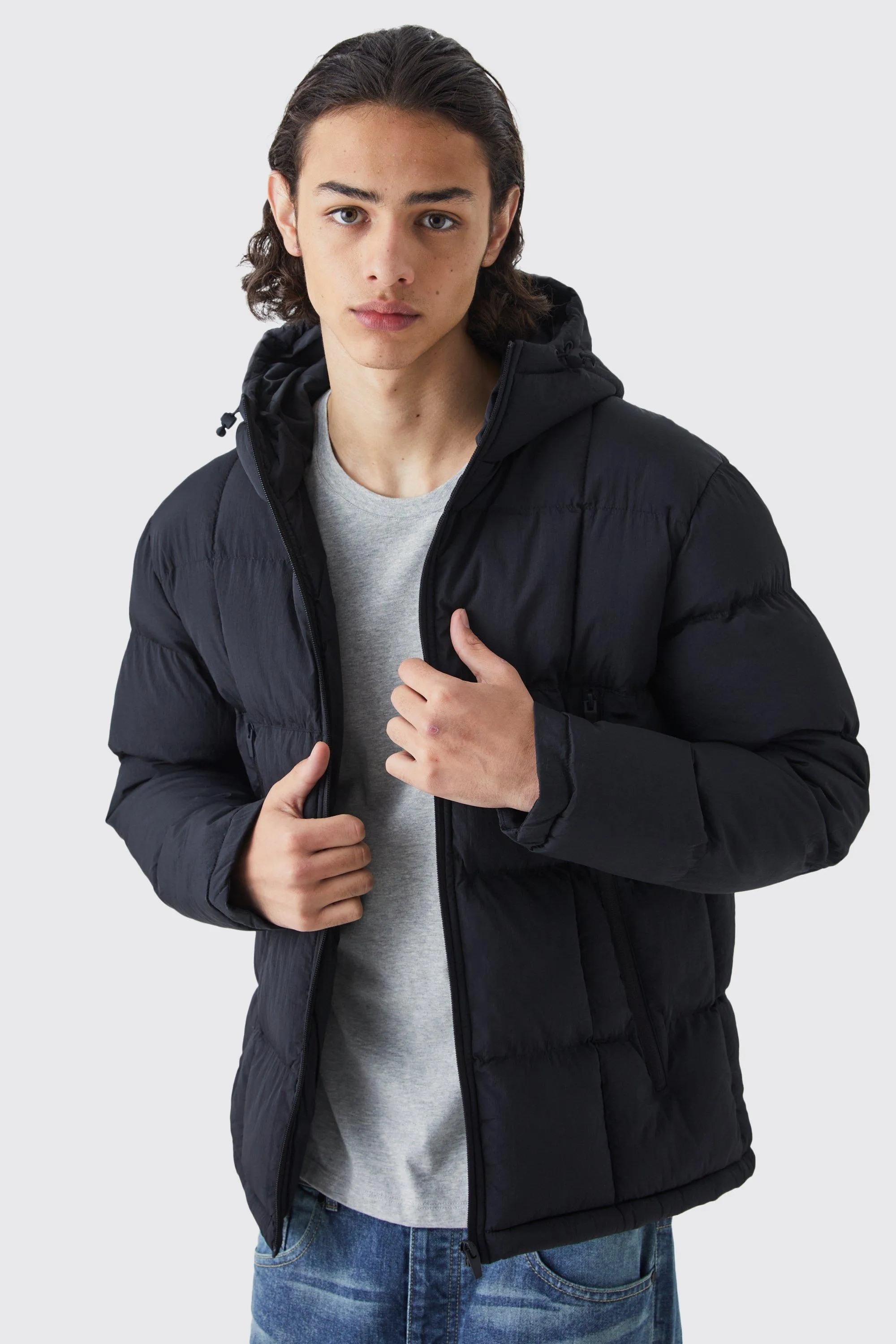 Crinkle Nylon Quilted Puffer With Hood