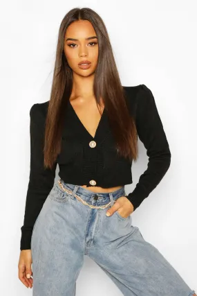 Cropped Knitted Puff Sleeve Cardigan