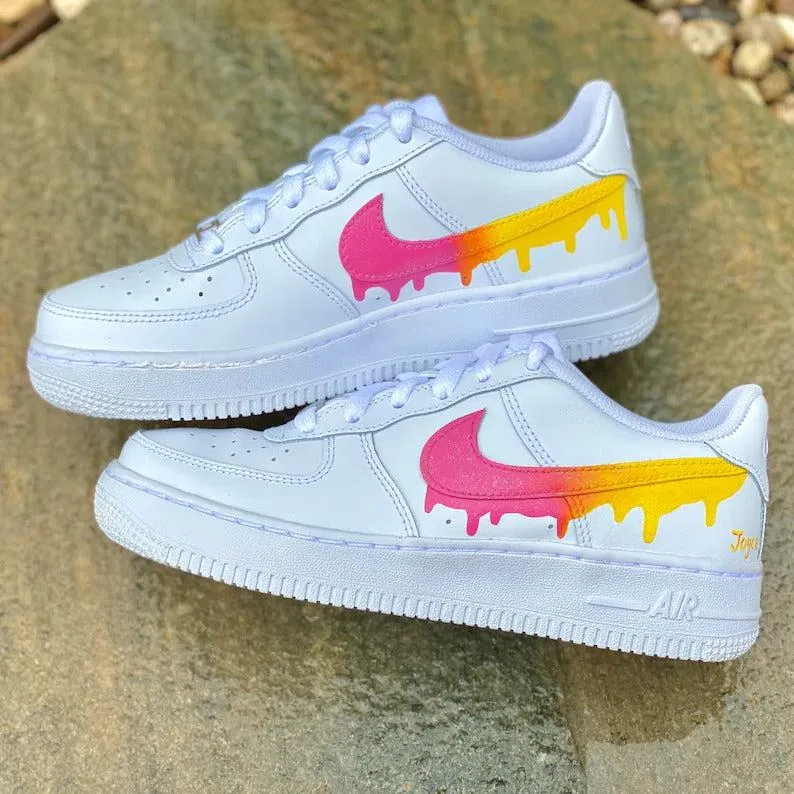 Custom Pink Yellow Nike Drip Air Force Ones