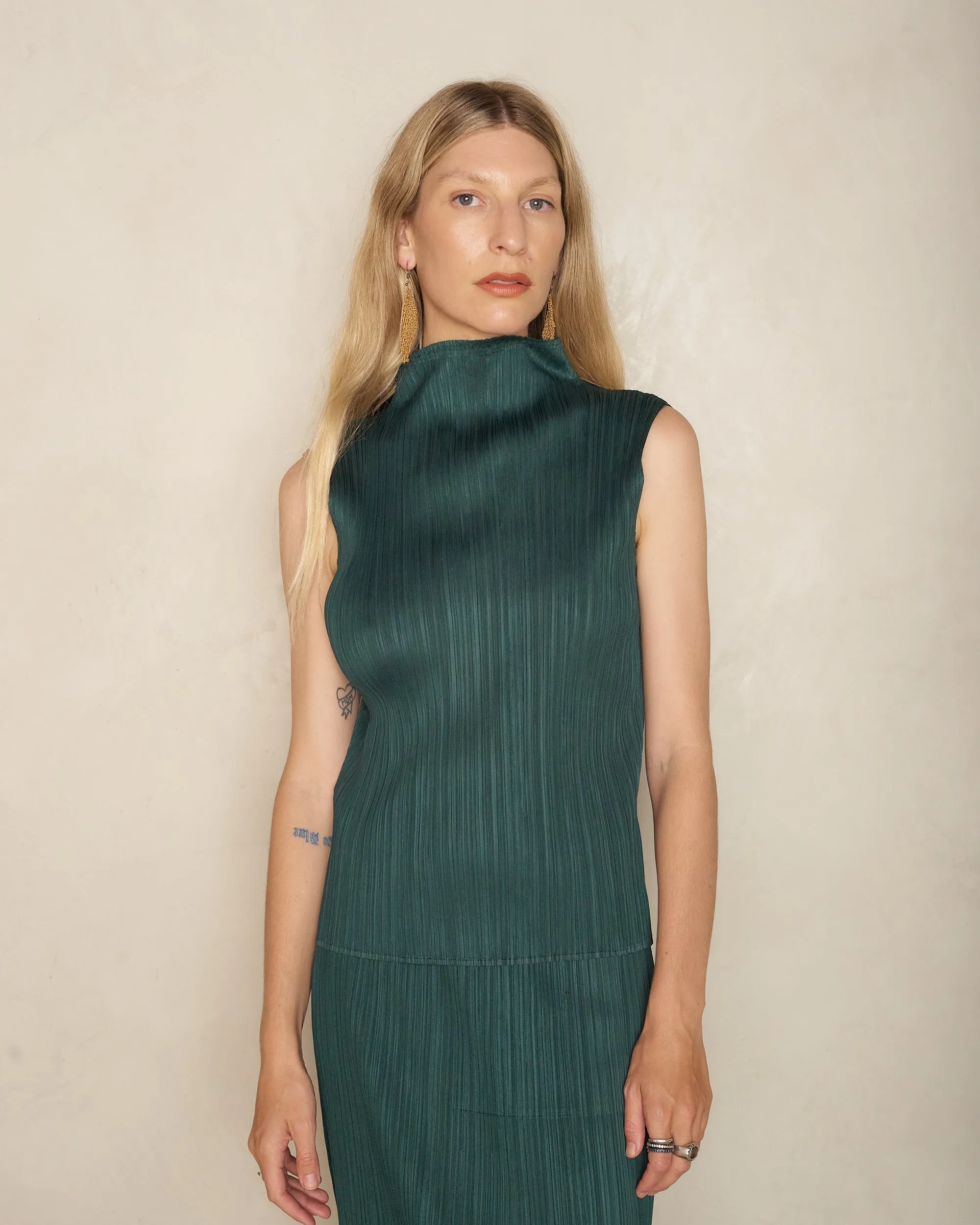 Dark Green High Neck Sleeveless Top