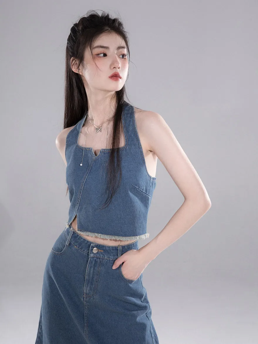 Denim Halter Neck Vest & Fishtail Skirt Set-up