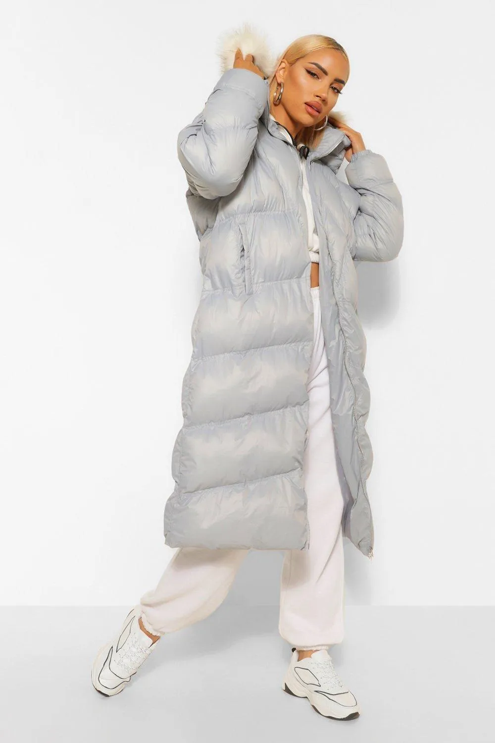 Diamond Quilt Faux Fur Trim Puffer Jacket