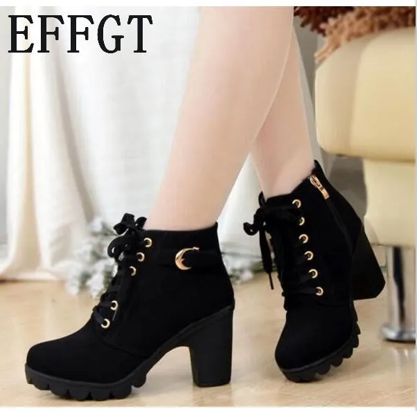 EFFGT 2017 New Autumn Winter Women Boots High Quality Solid Lace-up European Ladies shoes PU Leather Fashion Boots Free Shipping