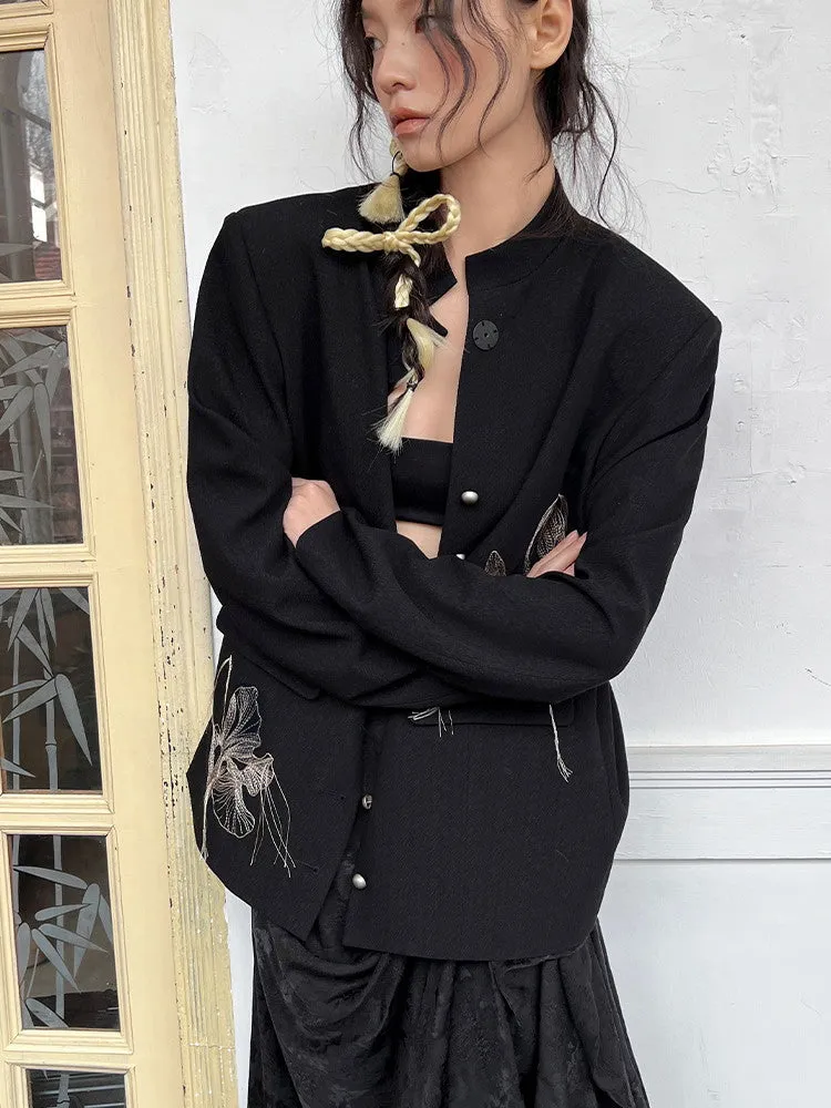 Embroidery Nichi Flower Band-Collar Jacket