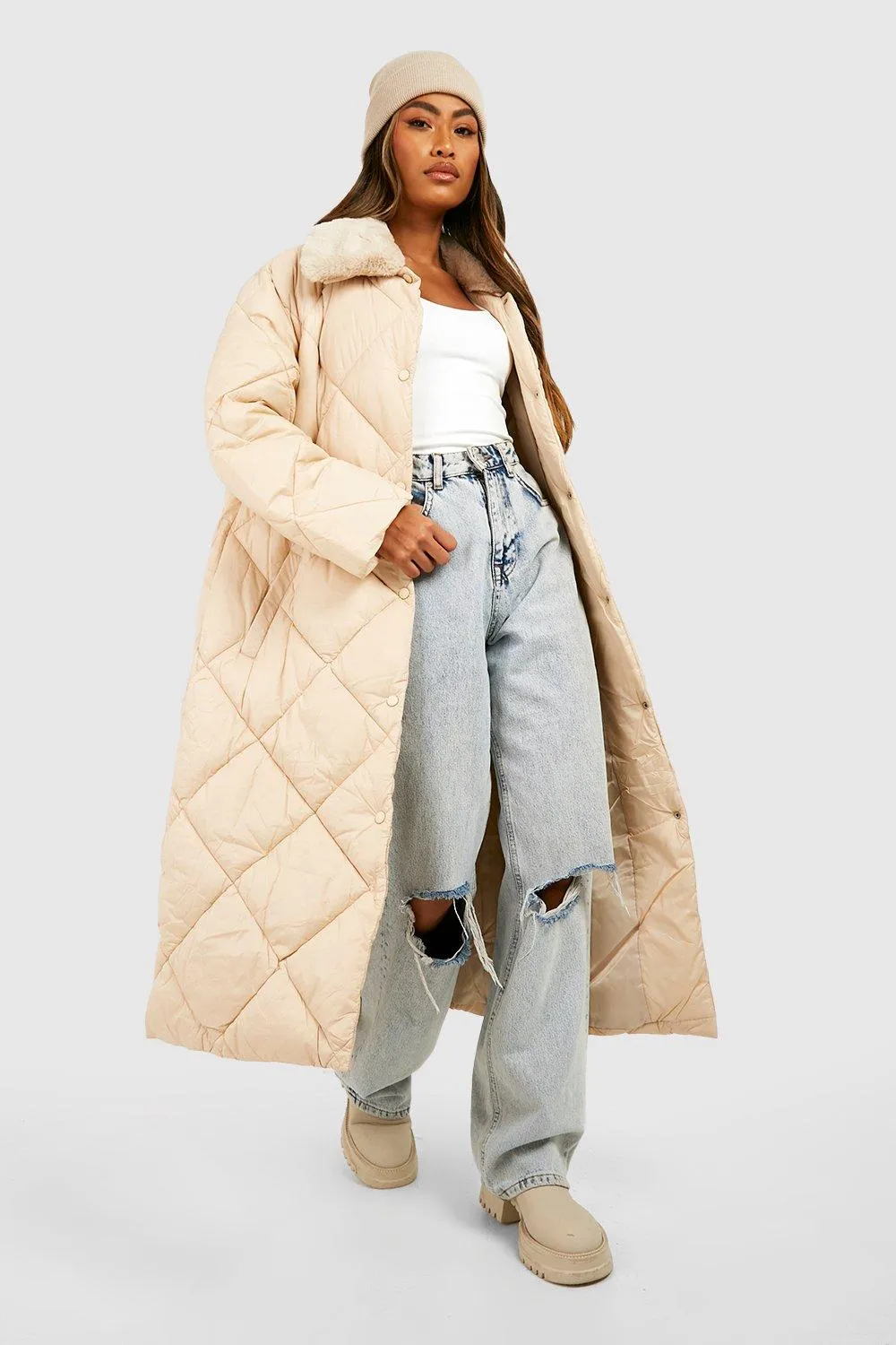 Faux Fur Collar Diamond Quilt Puffer