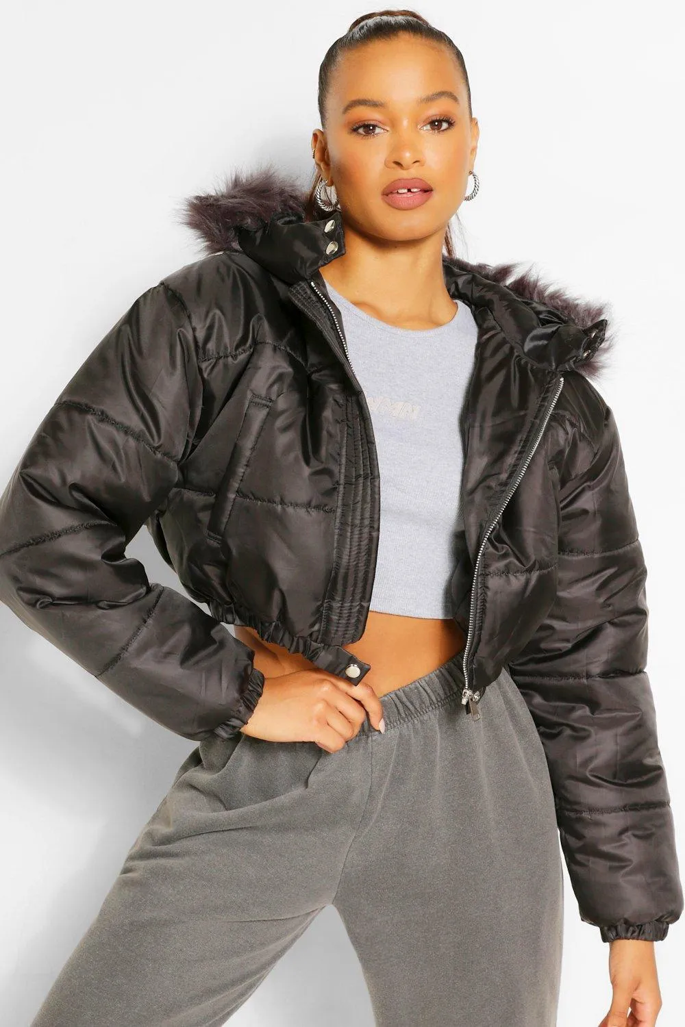 Faux Fur Trim Crop Puffer Jacket