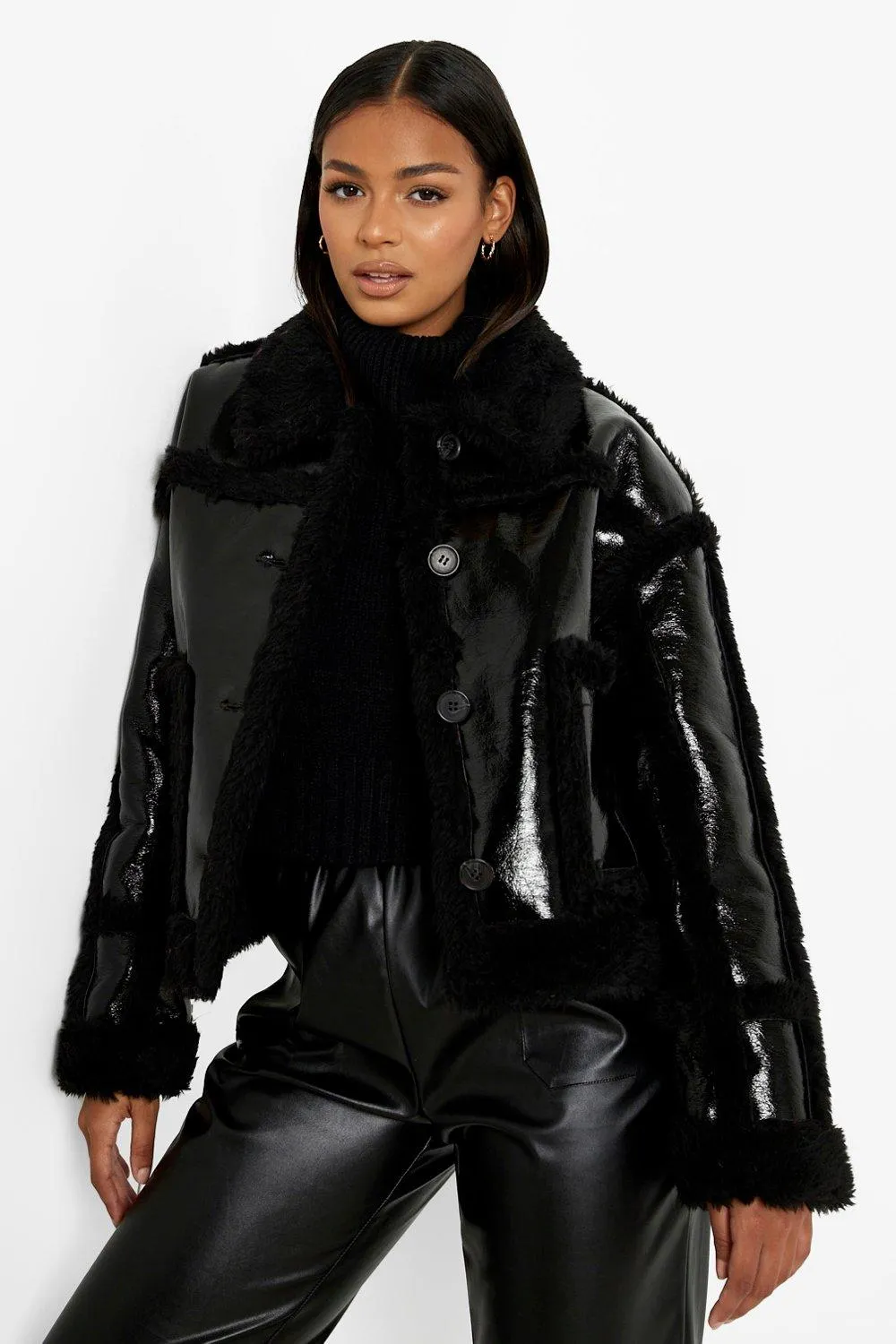 Faux Fur Trim High Shine Aviator Jacket