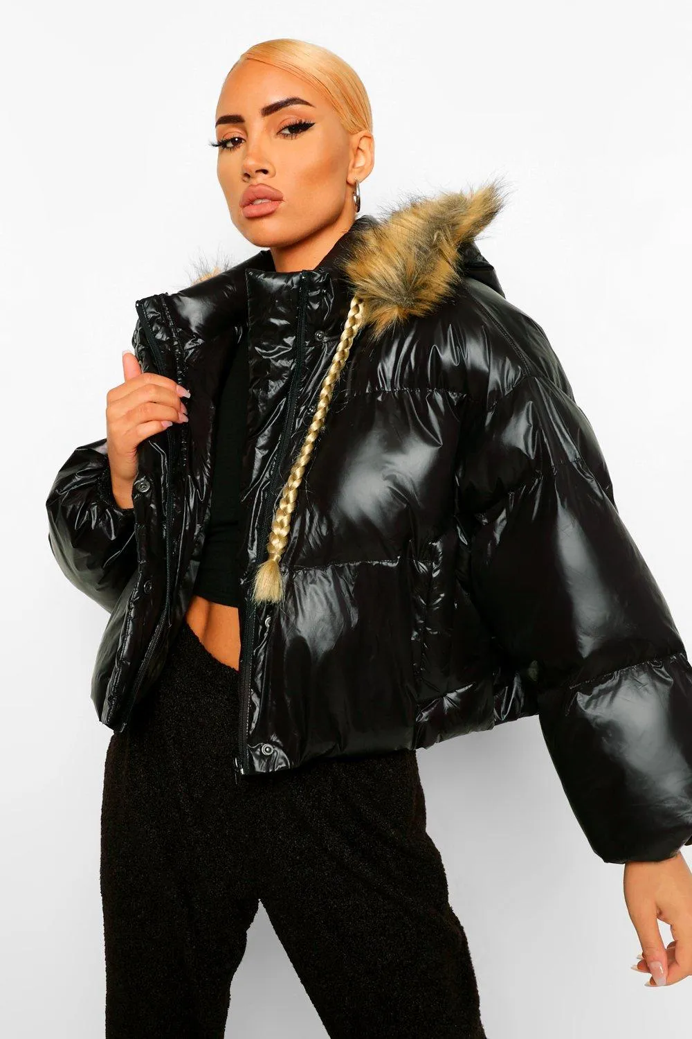 Faux Fur Trim Hooded Puffer Jacket