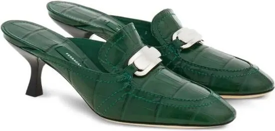 Ferragamo 55mm crocodile-embossed buckled mules Green