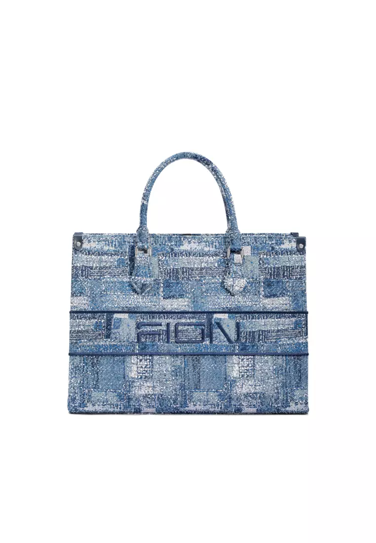 FION FION Oil Painting Denim with Leather Tote Bag