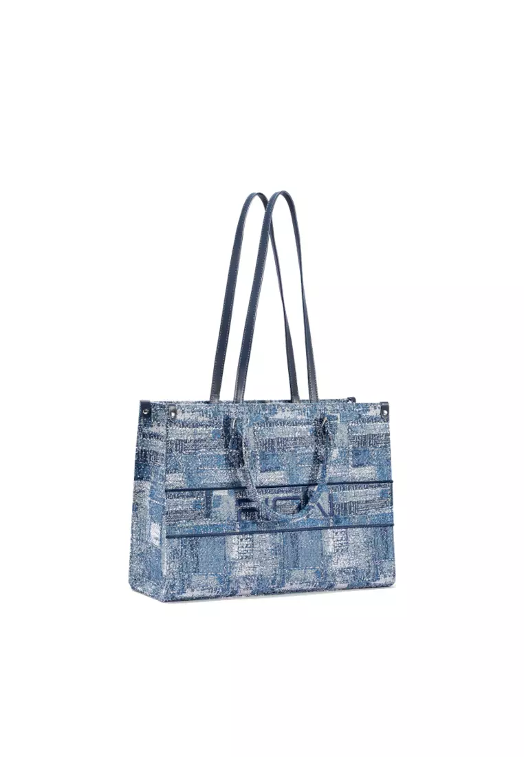 FION FION Oil Painting Denim with Leather Tote Bag