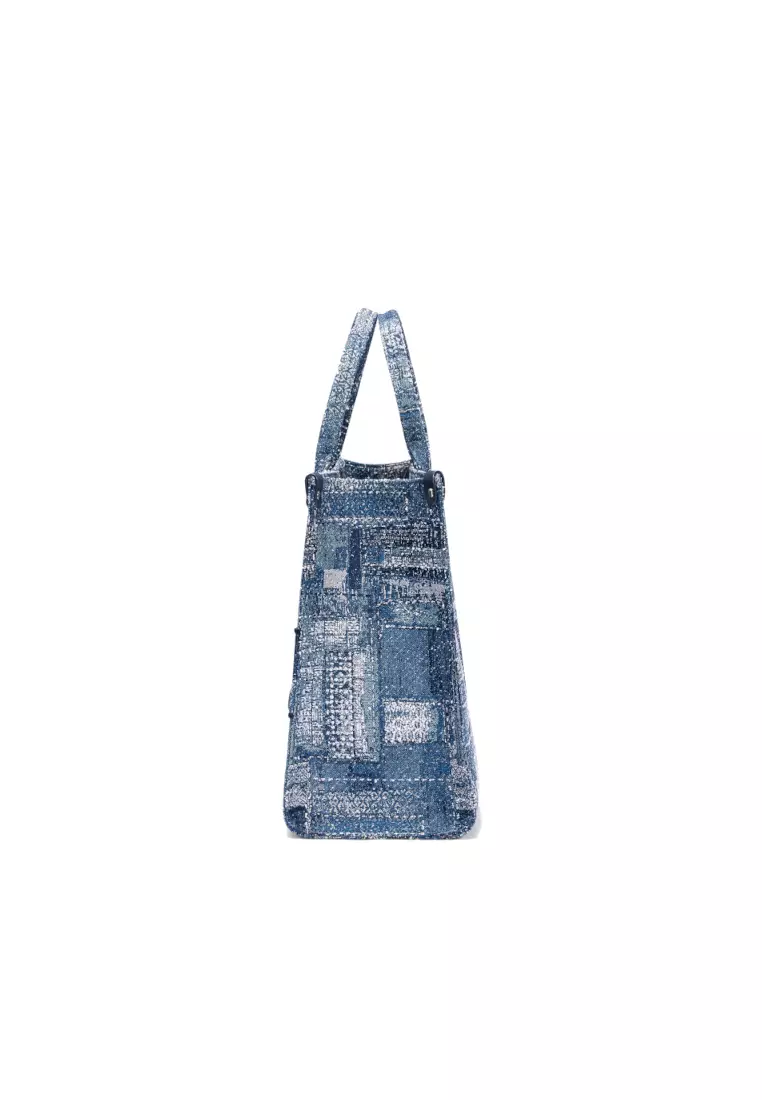 FION FION Oil Painting Denim with Leather Tote Bag