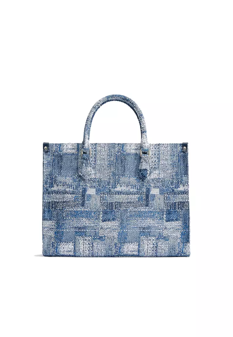 FION FION Oil Painting Denim with Leather Tote Bag