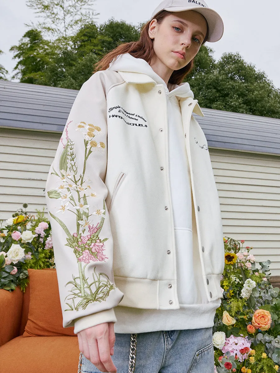 Floral Embroidered Sleeves Varsity Jacket