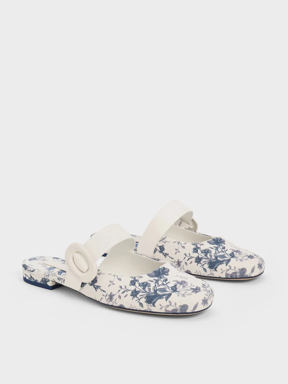 Floral-Print Oval-Buckle Flat Mules - Dark Blue