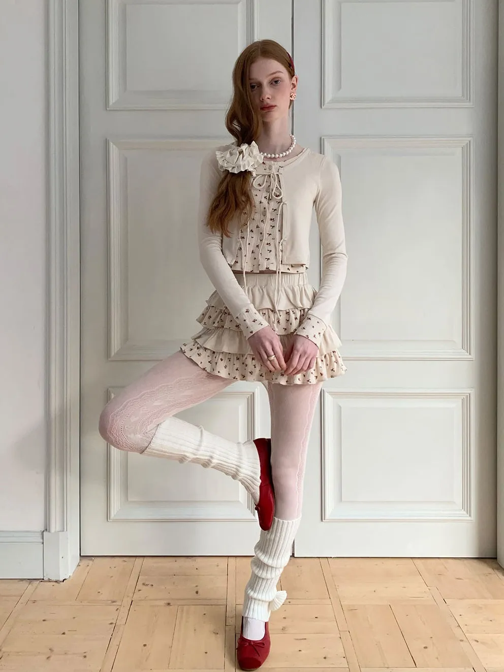 Floral Splicing Strap Cardigan & Cake Skirt