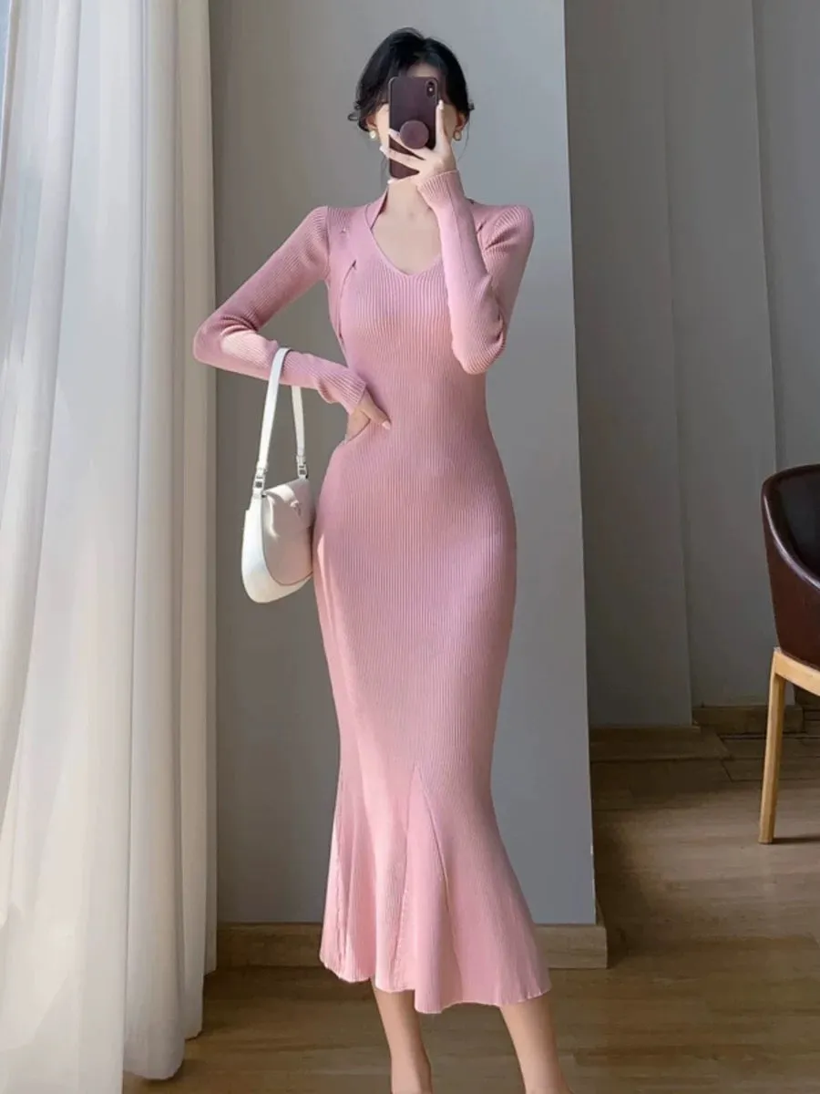 French elegant knitted dress for women autumn and winter 2023 new slim fit inner mid-length fishtail sweater skirt