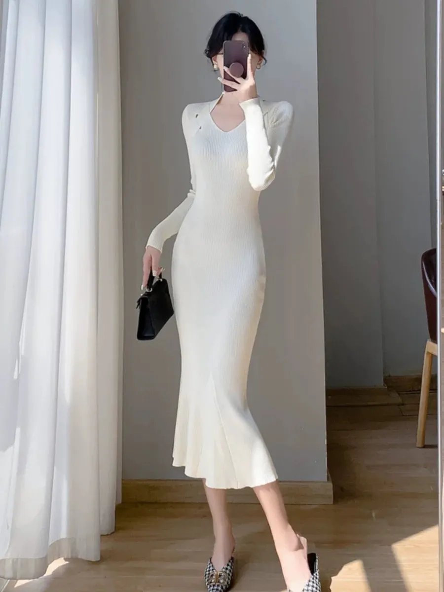 French elegant knitted dress for women autumn and winter 2023 new slim fit inner mid-length fishtail sweater skirt