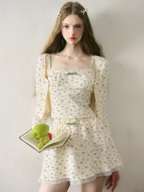 French Floral Girly Camisole ＆ Cropped Cardigan ＆ Skirt