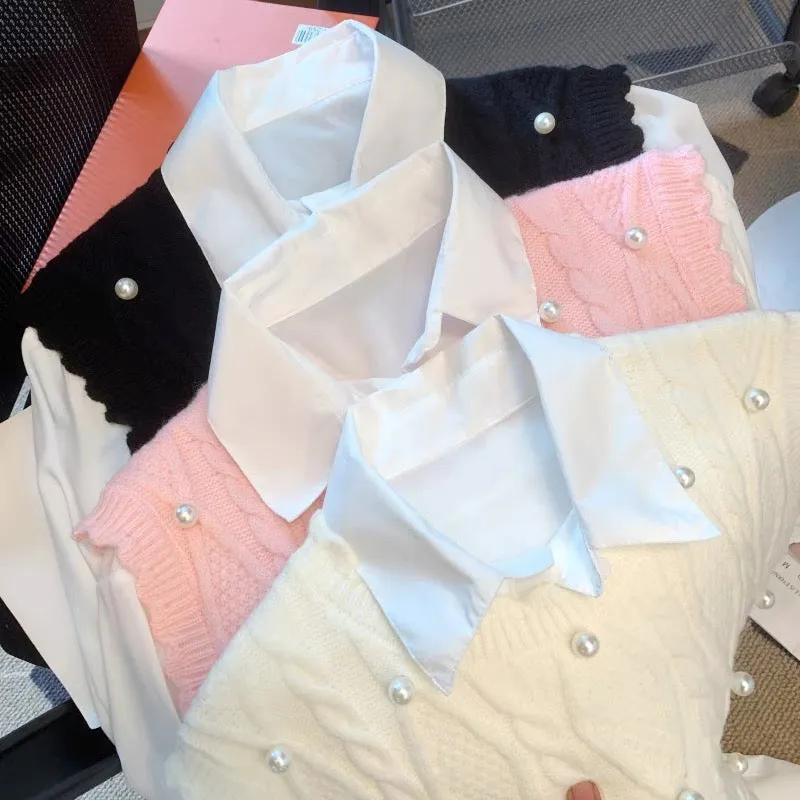 French Gentle Style Sweet Beaded Vest Vest Women's Autumn Design Premium Bell Sleeve Polo Shirt Two-piece Suit