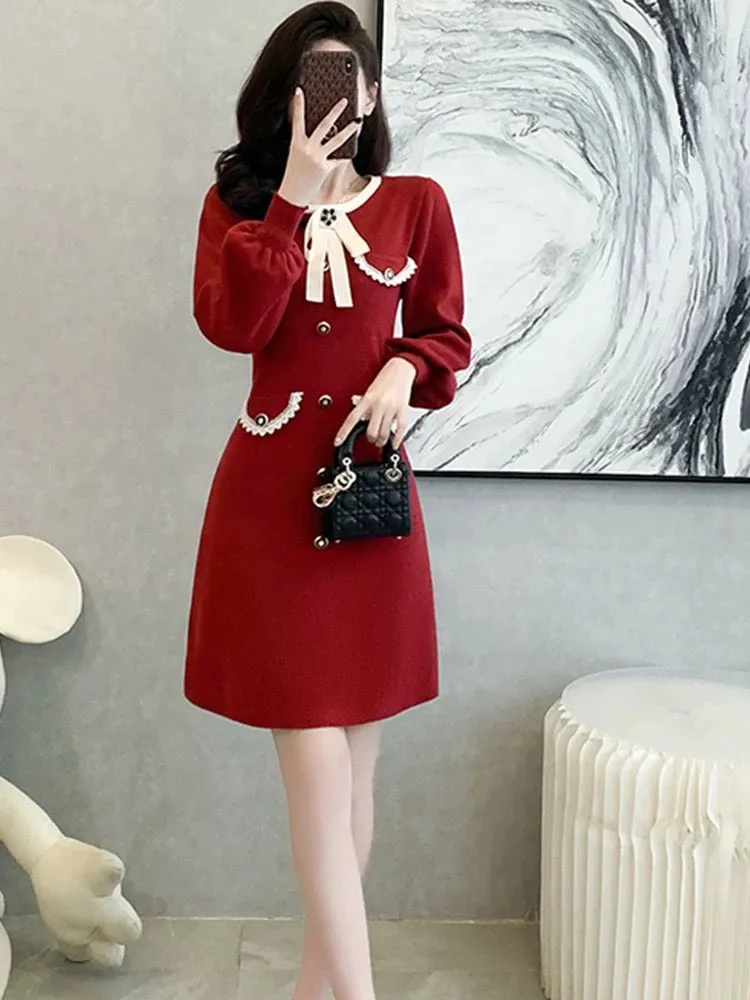 French socialite red knitted dress for women in autumn and winter, waist-cinching, sweet temperament, bow, slimming A-line sweat