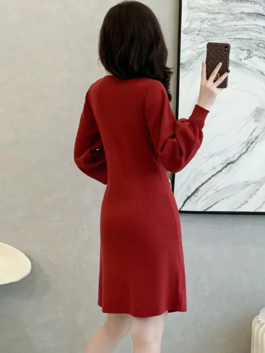 French socialite red knitted dress for women in autumn and winter, waist-cinching, sweet temperament, bow, slimming A-line sweat
