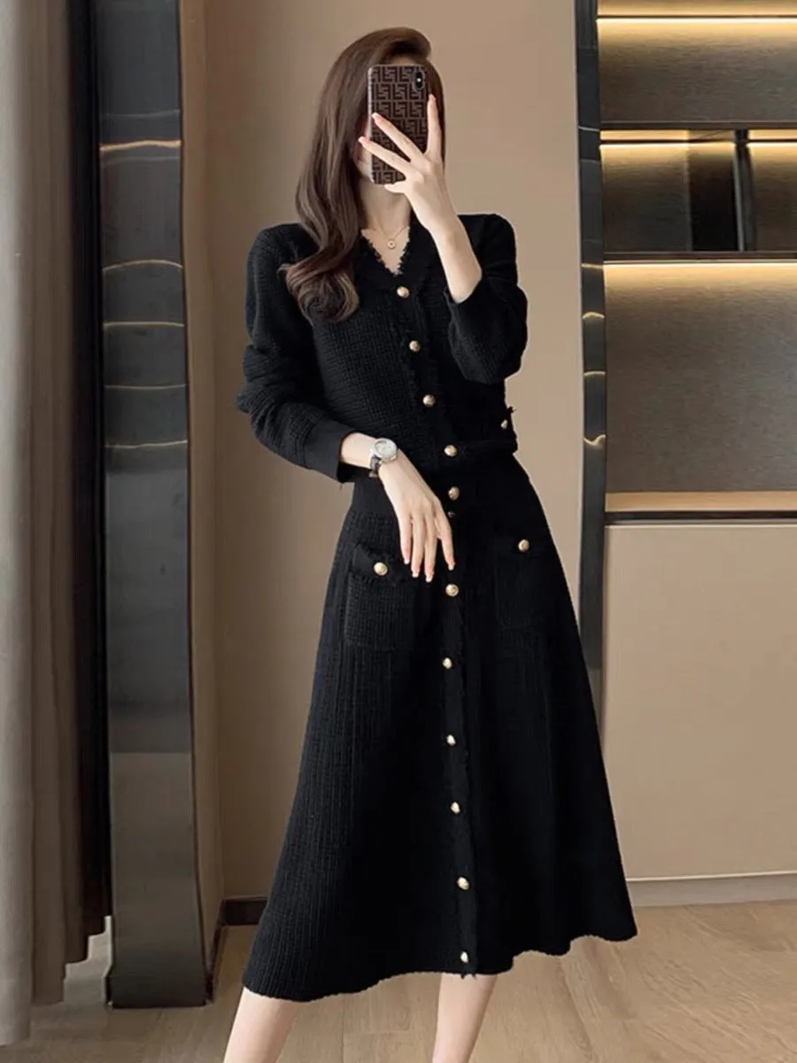 French style small fragrant knitted cardigan skirt suit for women 2023 autumn and winter new style mid-length dress two-piece se