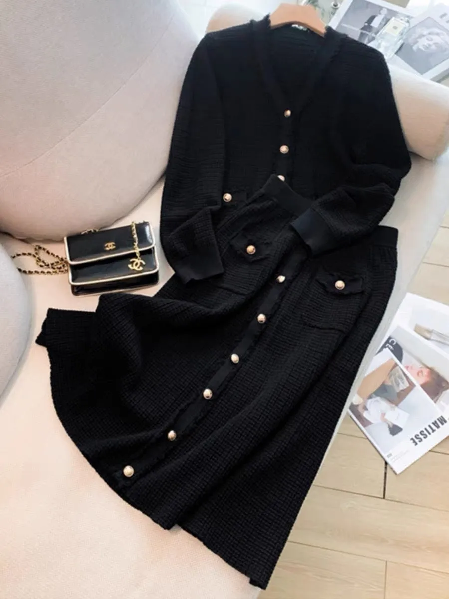 French style small fragrant knitted cardigan skirt suit for women 2023 autumn and winter new style mid-length dress two-piece se