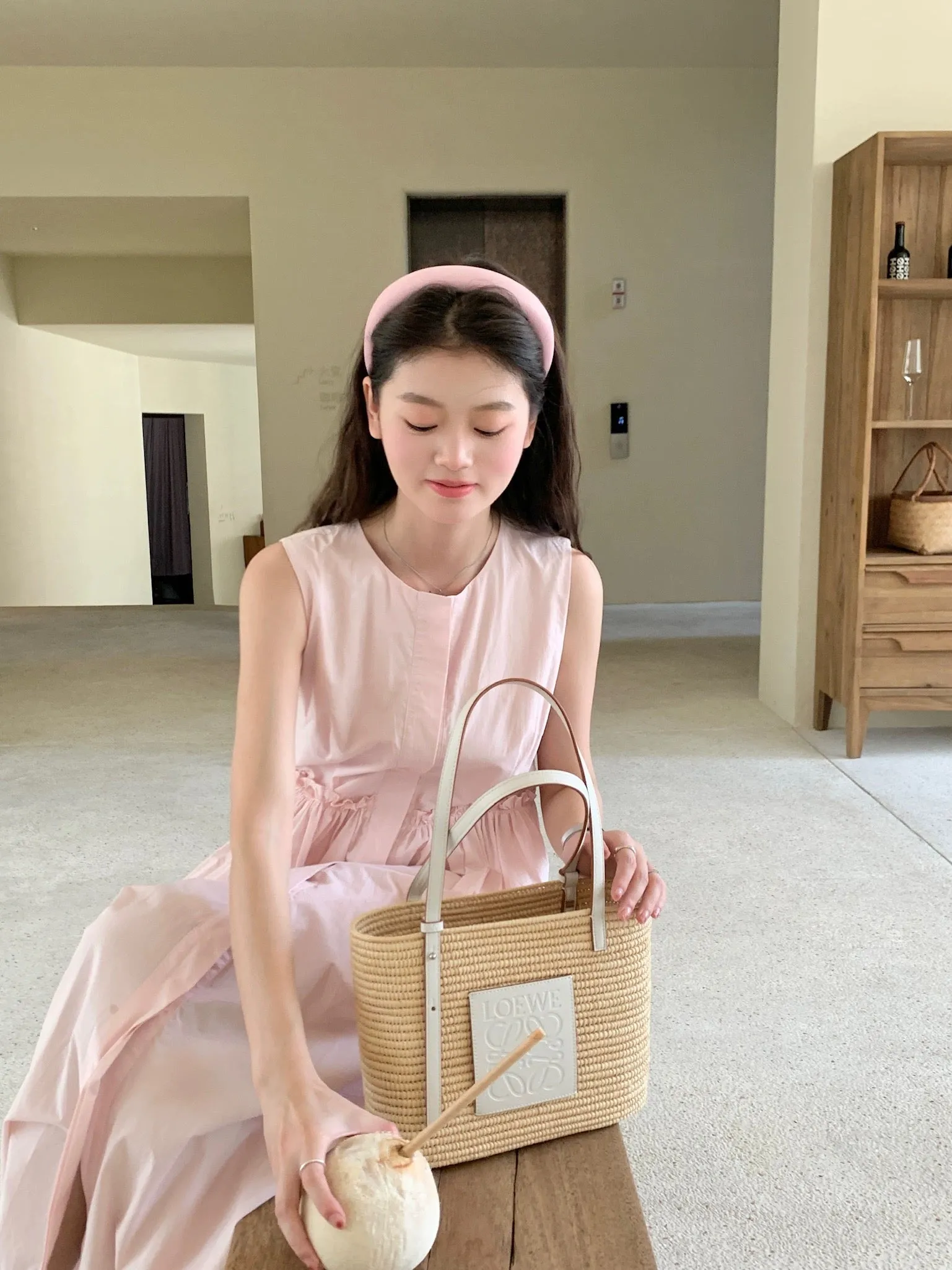 freshtaro Cream Pink Simple Round Neck Sleeveless Cotton Dress 2024 Women's Summer Vest Long Dress