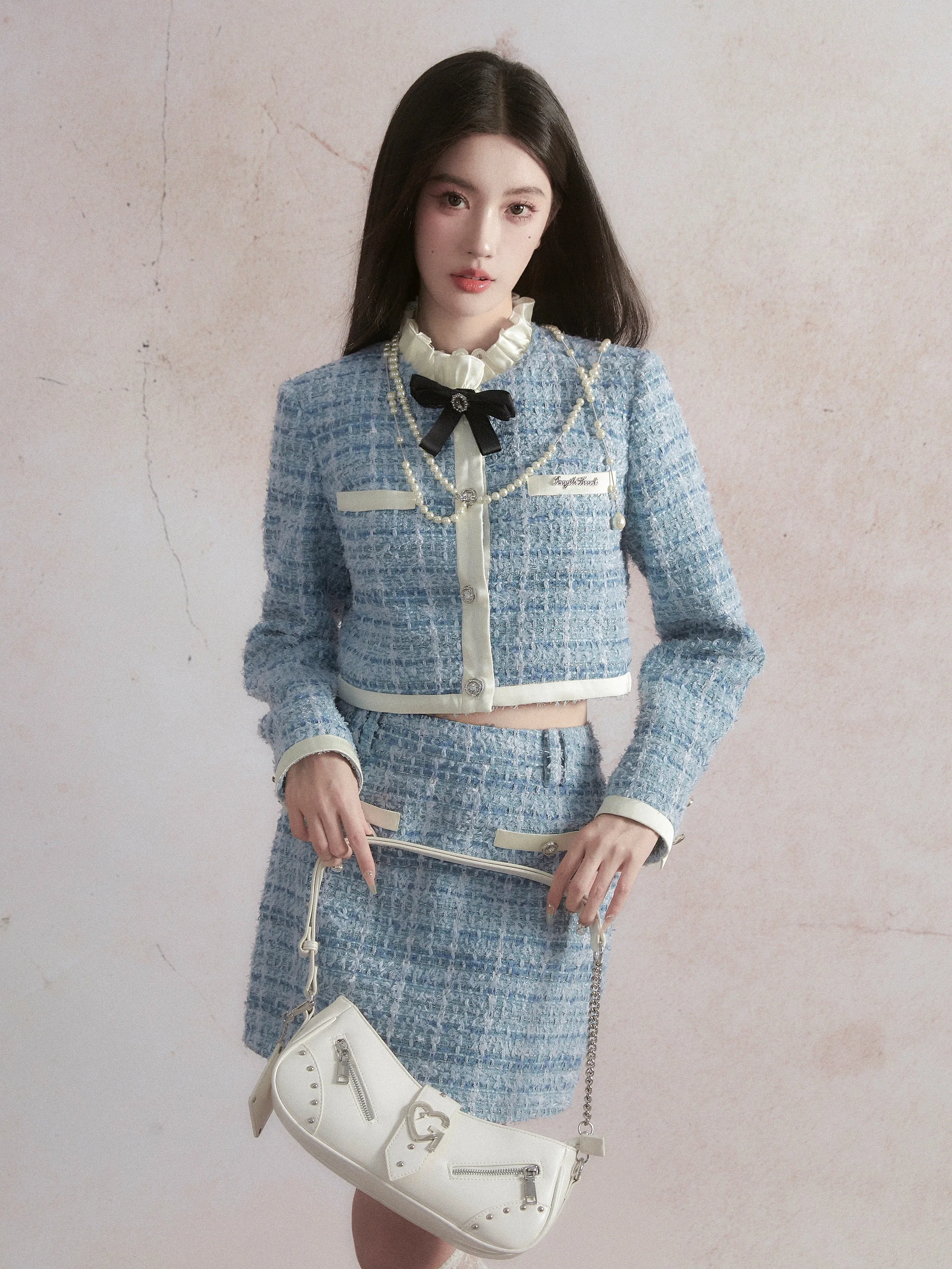 Frill Collar Tweed Jacket ＆ A-Line Mini Skirt