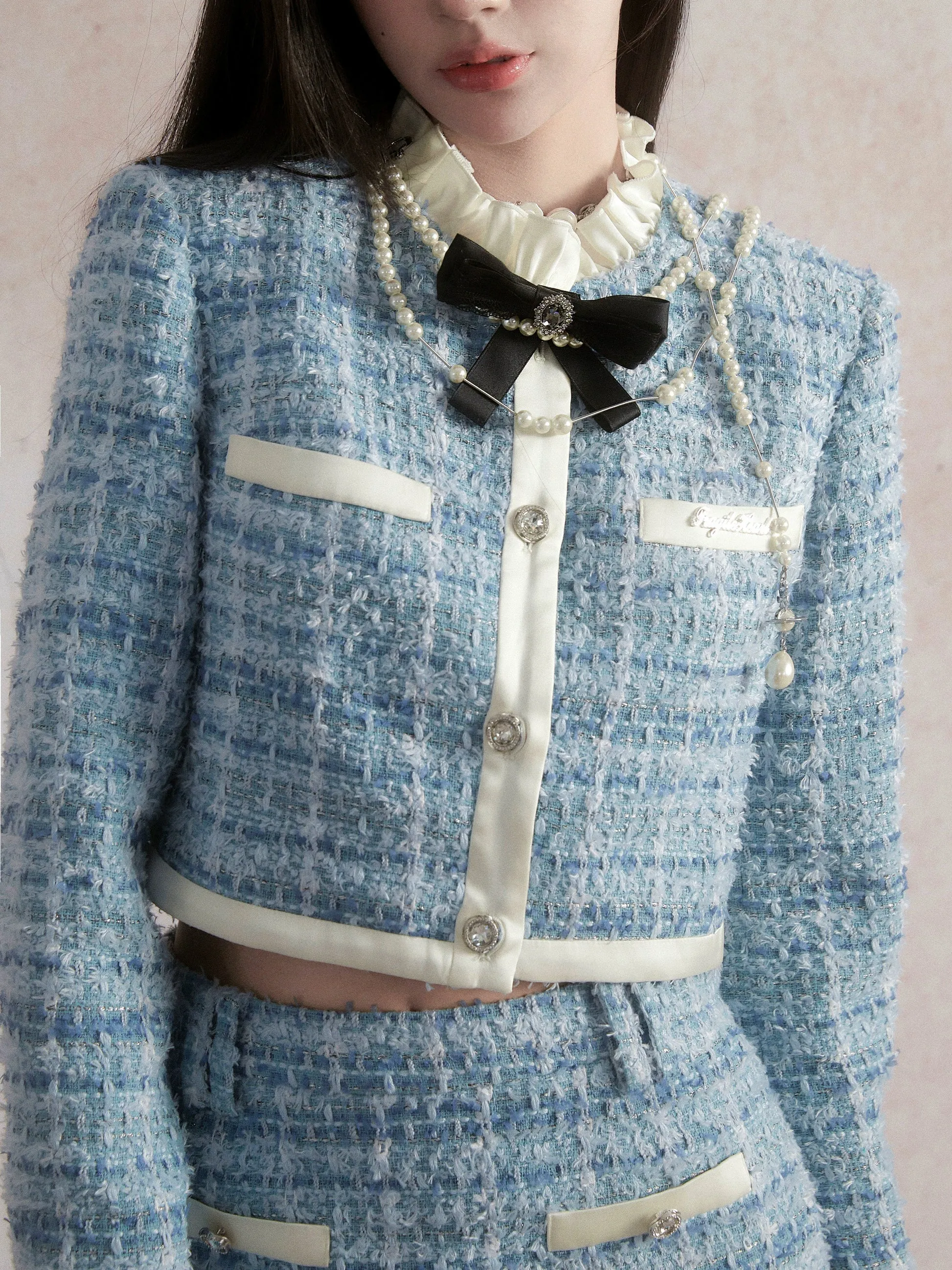 Frill Collar Tweed Jacket ＆ A-Line Mini Skirt