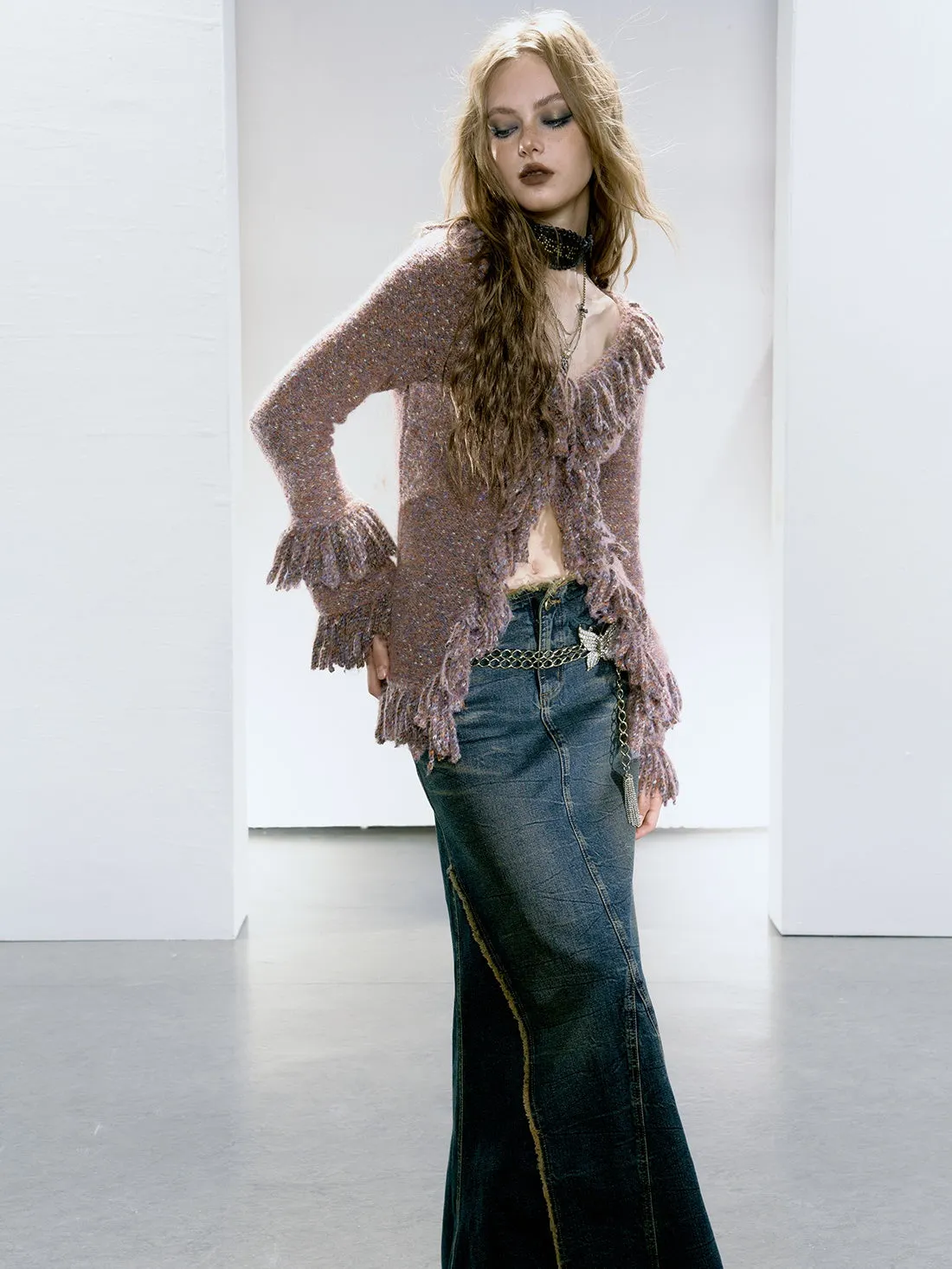 Fringed V-Neck Knitted Cardigan