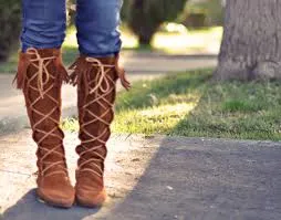  Front Laced Knee High Fringe Moccasin Boot in Brown  