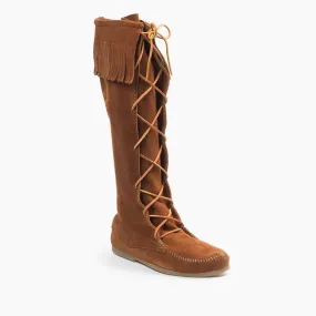  Front Laced Knee High Fringe Moccasin Boot in Brown  