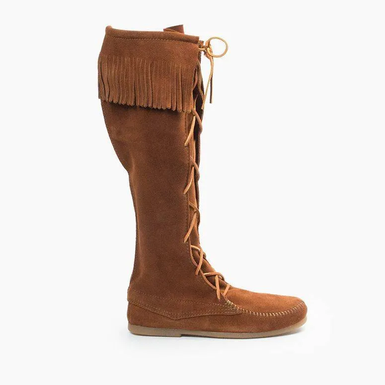  Front Laced Knee High Fringe Moccasin Boot in Brown  