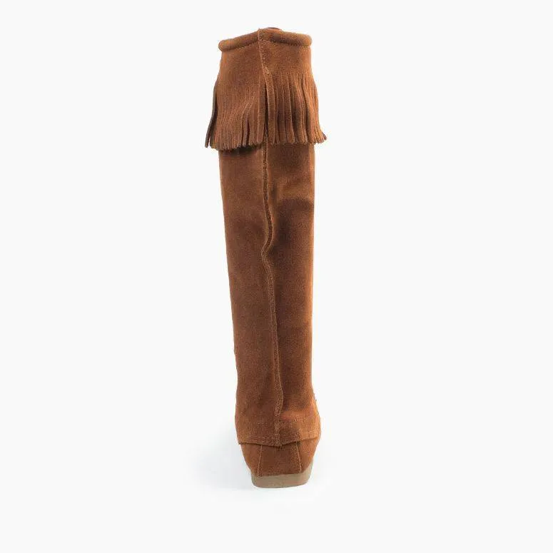  Front Laced Knee High Fringe Moccasin Boot in Brown  