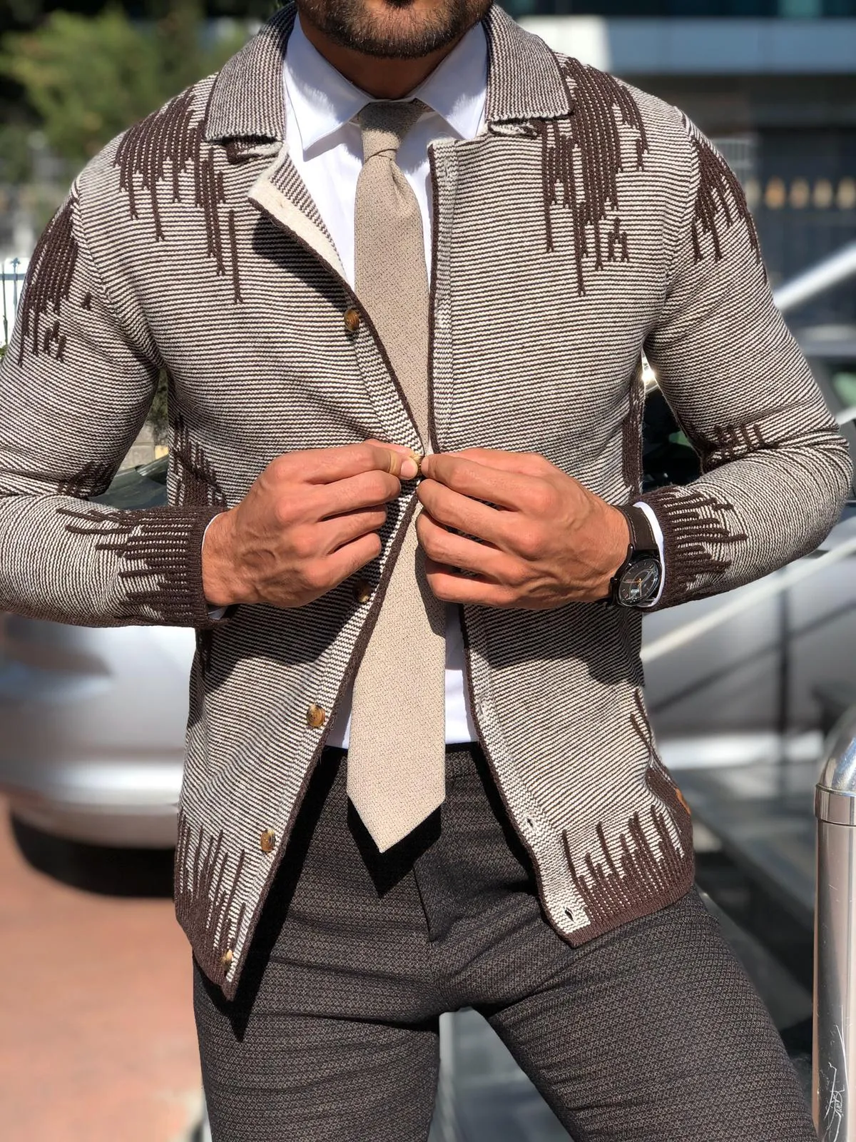 Gerry Slim-Fit Patterned Knitwear Cardigan Brown