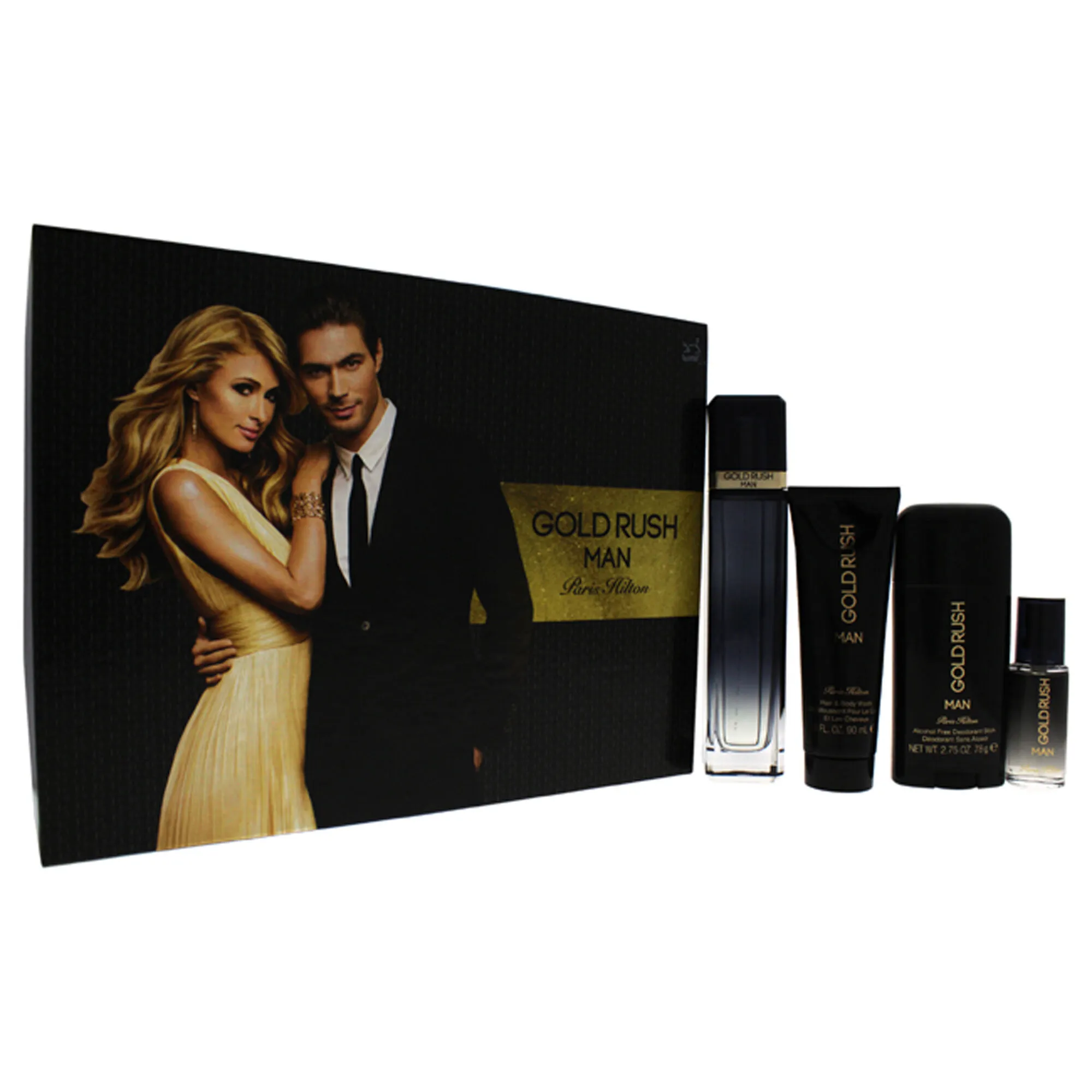 Gold Rush Man by Paris Hilton for Men - 4 Pc Gift Set 3.4oz EDT Spray, 0.5oz EDT Spray, 3.0oz Hair Body Wash, 2.75oz Alcohol Fre