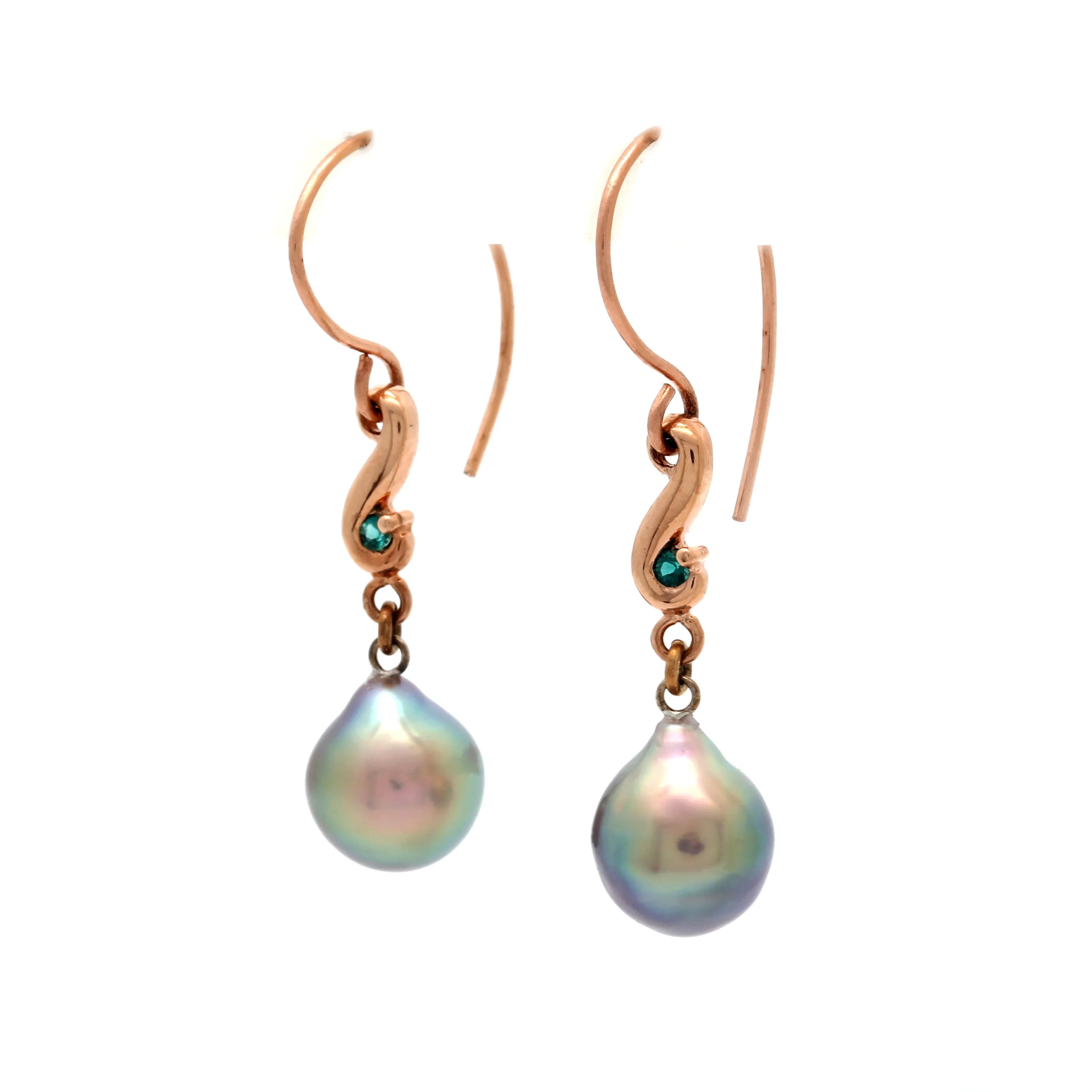 Gorgeous Green Cortez Pearls on 14K Rose Gold Earrings with Green/Blue Lazulite by Kathe Mai