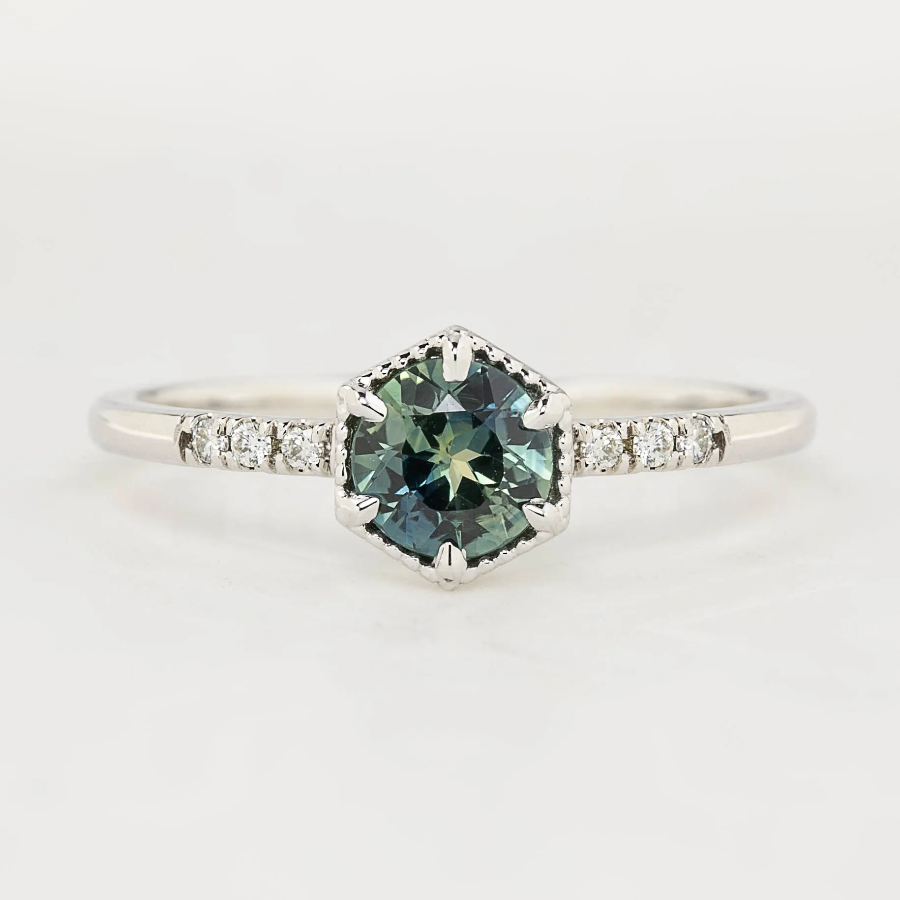 Grace Ring 5.5mm 0.77ct Part Blue Green Round Queensland Sapphire, 14k White Gold (One of a kind)