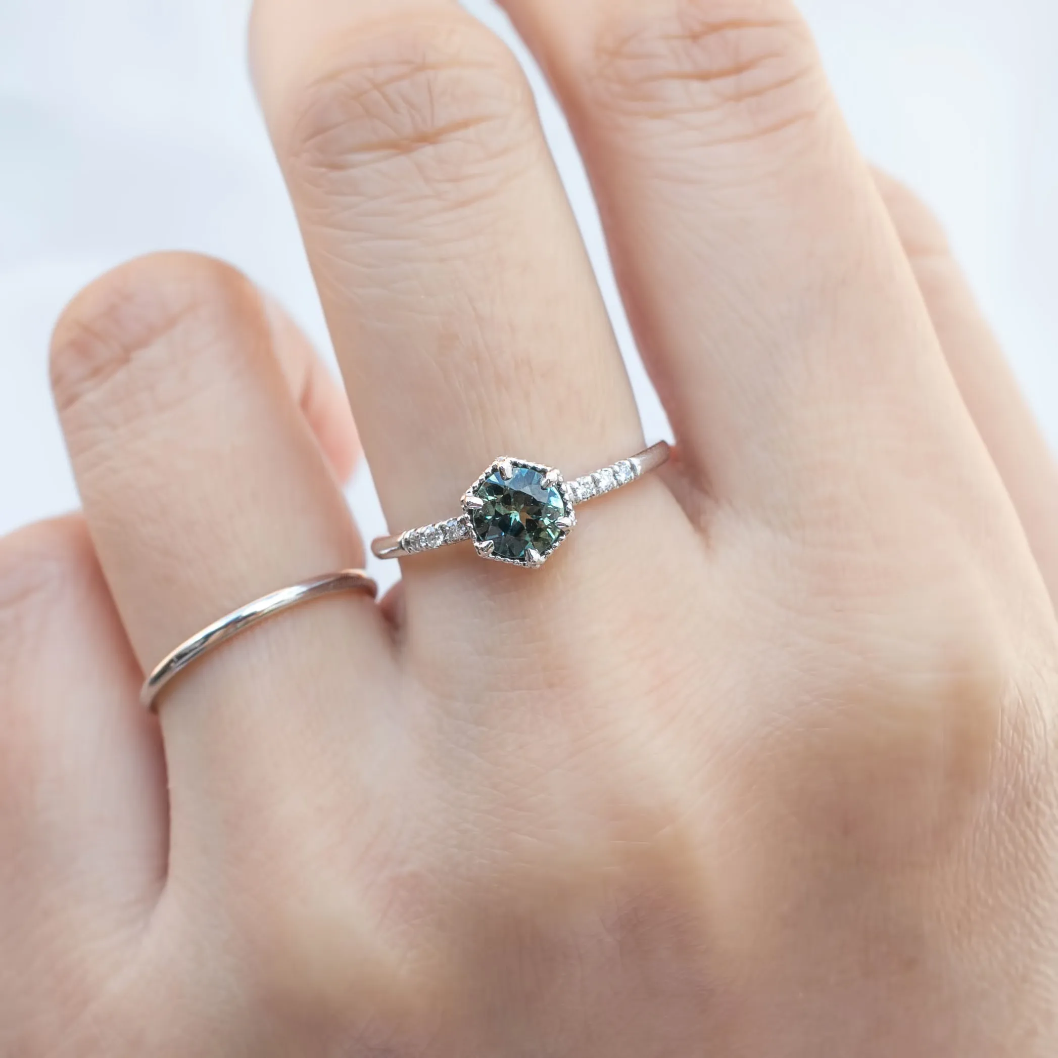 Grace Ring 5.5mm 0.77ct Part Blue Green Round Queensland Sapphire, 14k White Gold (One of a kind)