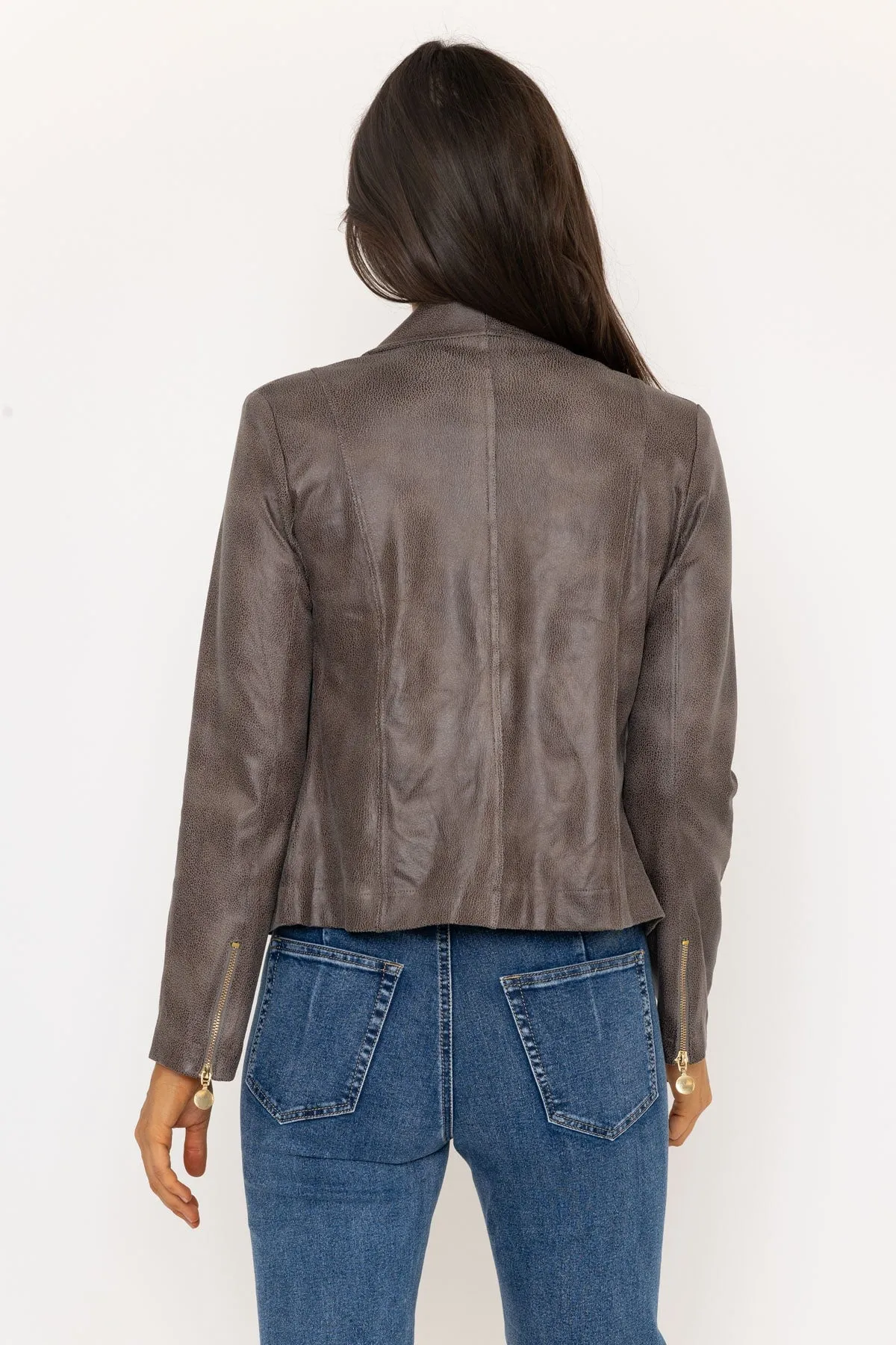 Grey Faux Leather Zip Jacket