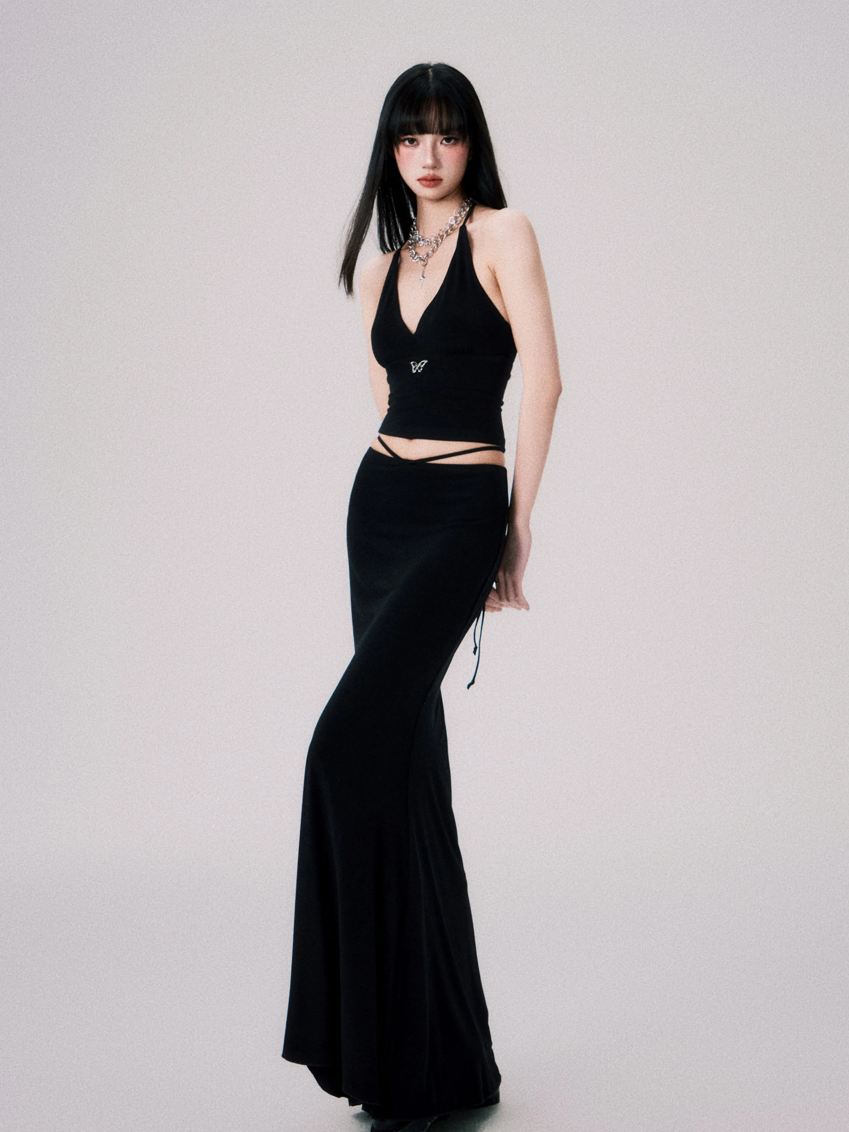 Halter-Neck Slim Fit Camisole Vest ＆ Long Mermaid Skirt