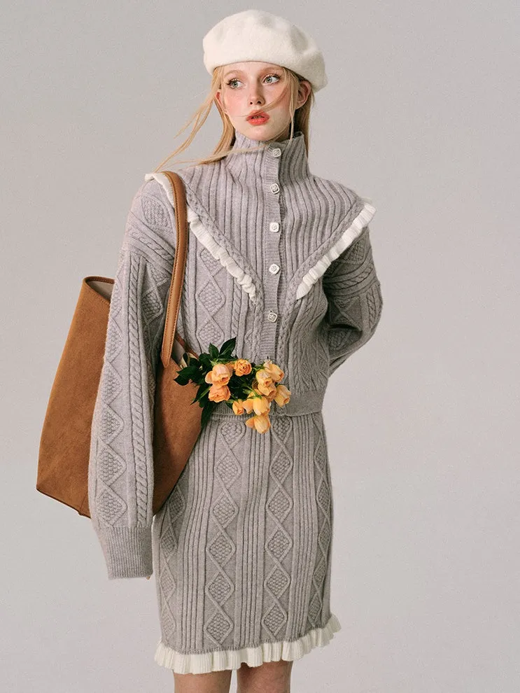 High Neck Crocheted Wood Ear Knitted Cardigan & Skirt