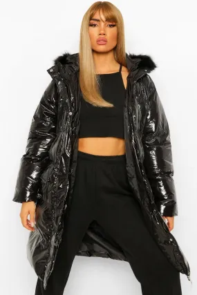 High Shine Faux Fur Trim Puffer Jacket