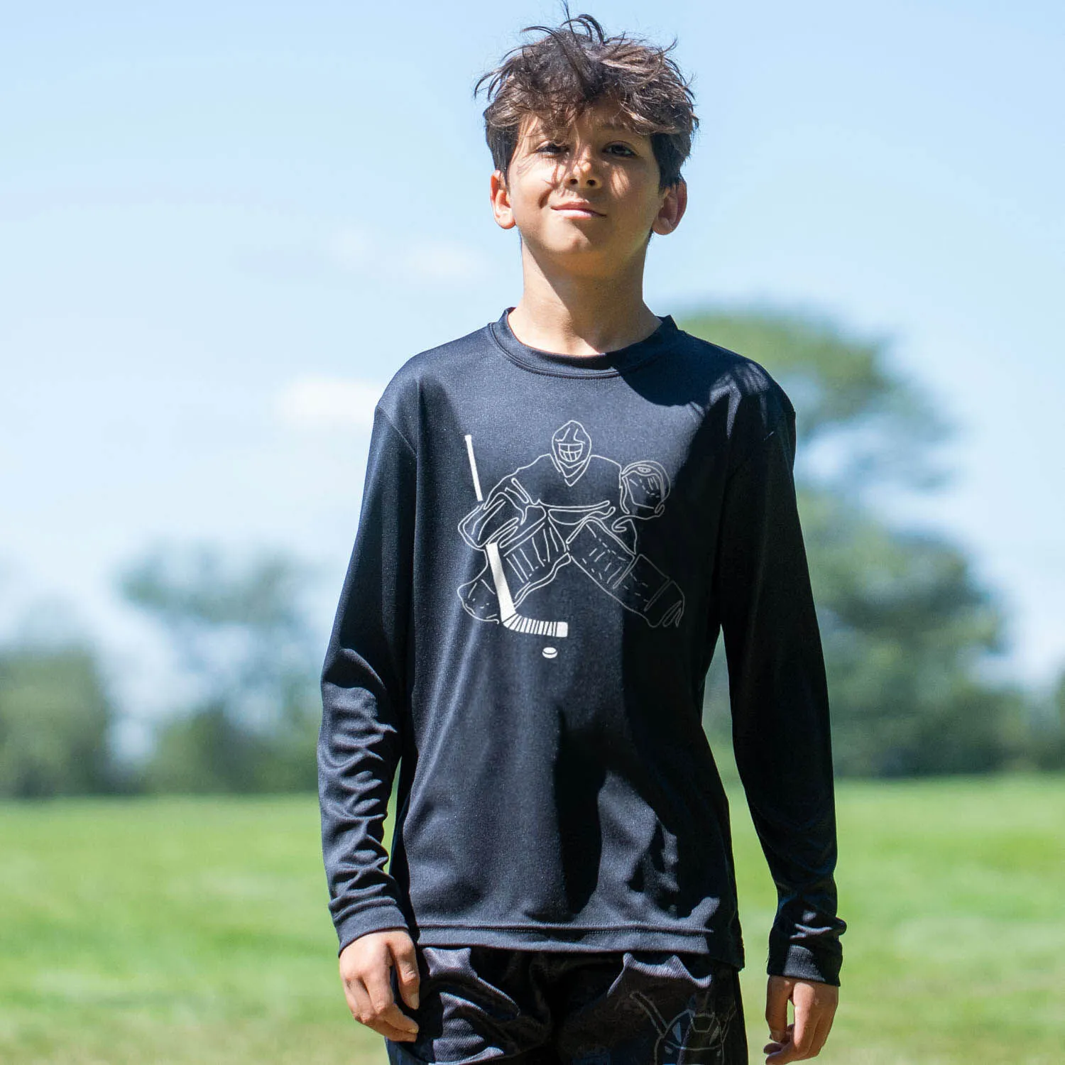 Hockey Long Sleeve Tech Tee - Hockey Goalie Sketch 