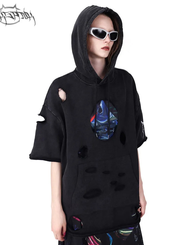 Hole Short Sleeve Pullover Hoodie