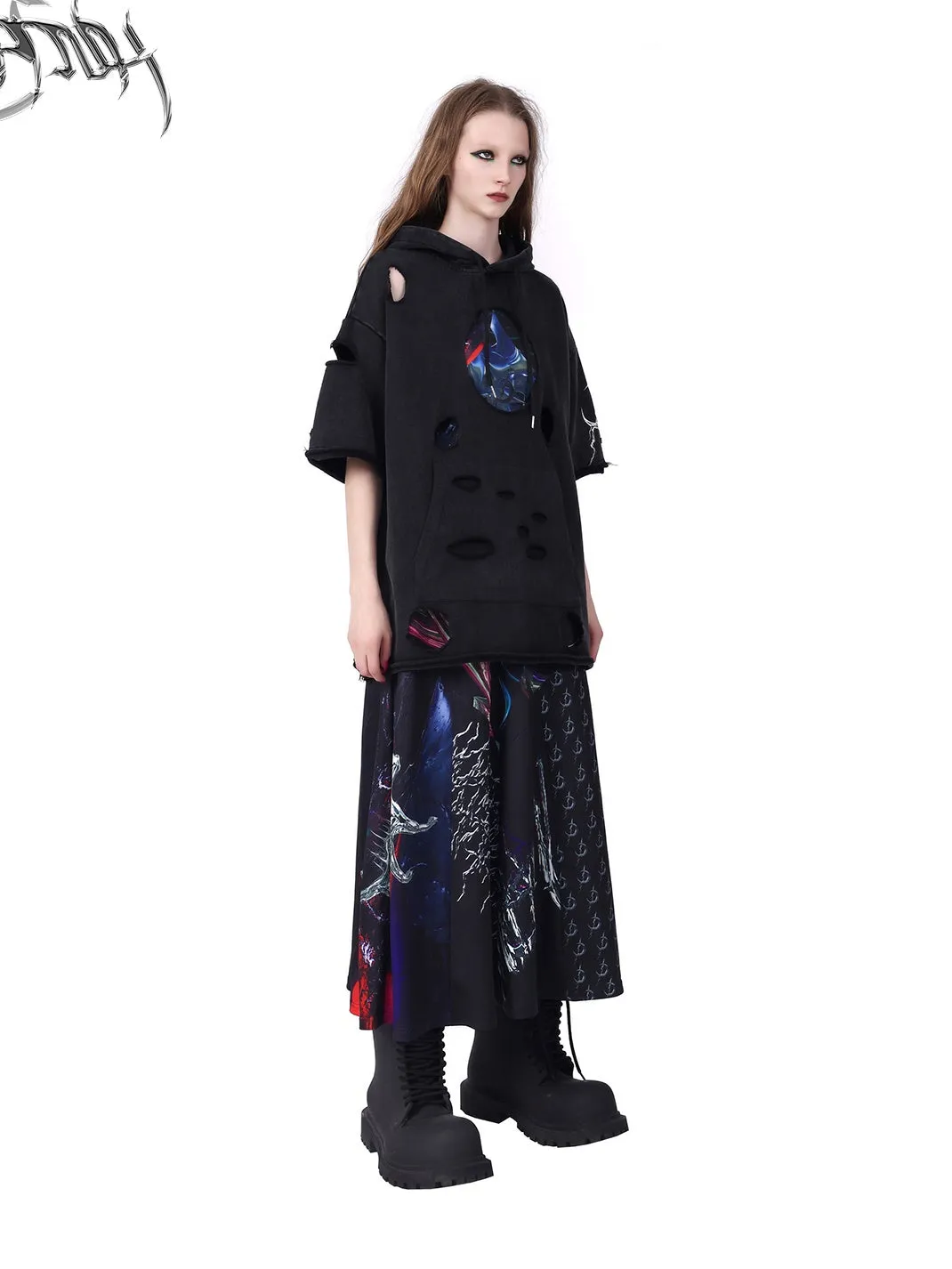 Hole Short Sleeve Pullover Hoodie