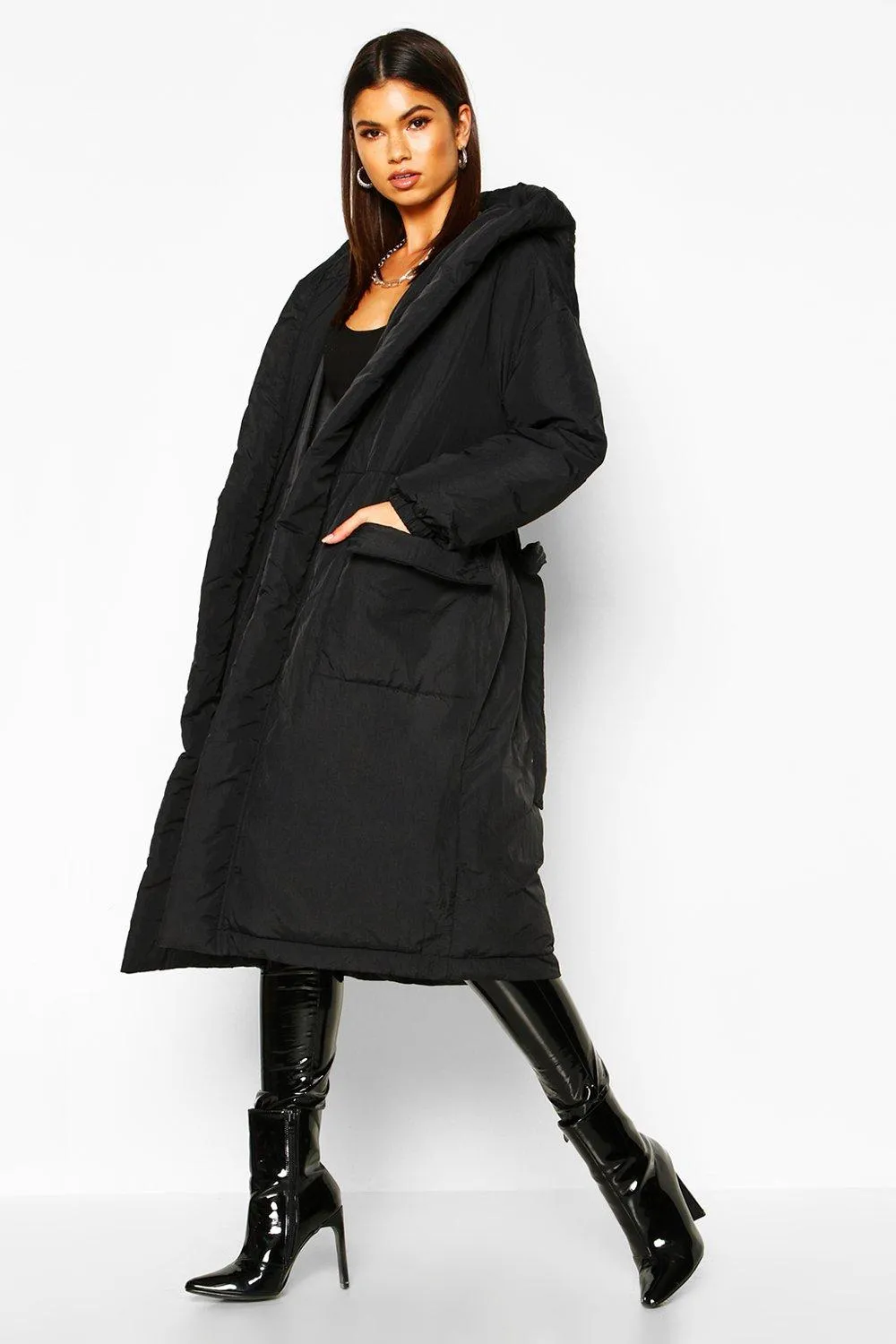 Hooded Belted Longline Puffer Jacket