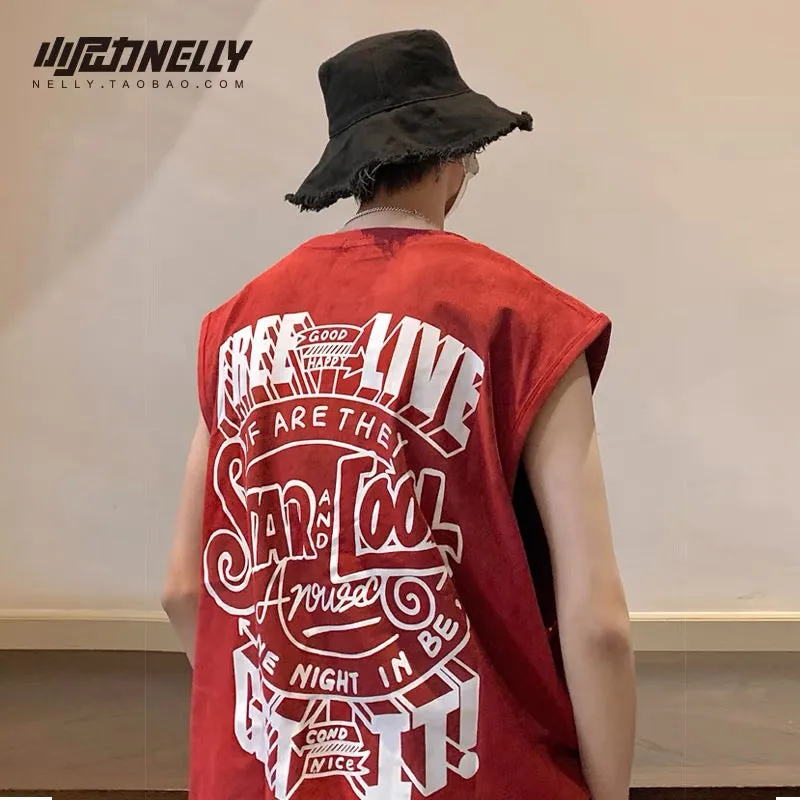 ins heavy sleeveless t-shirt men's trendy summer large size short-sleeved sports basketball vest American high street vest bf